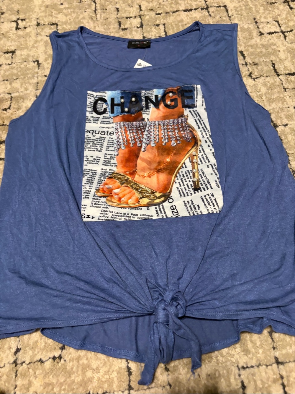 Blue Graphic Knot-Front Tank Top with high heel Shoe Print- XL runs like Large